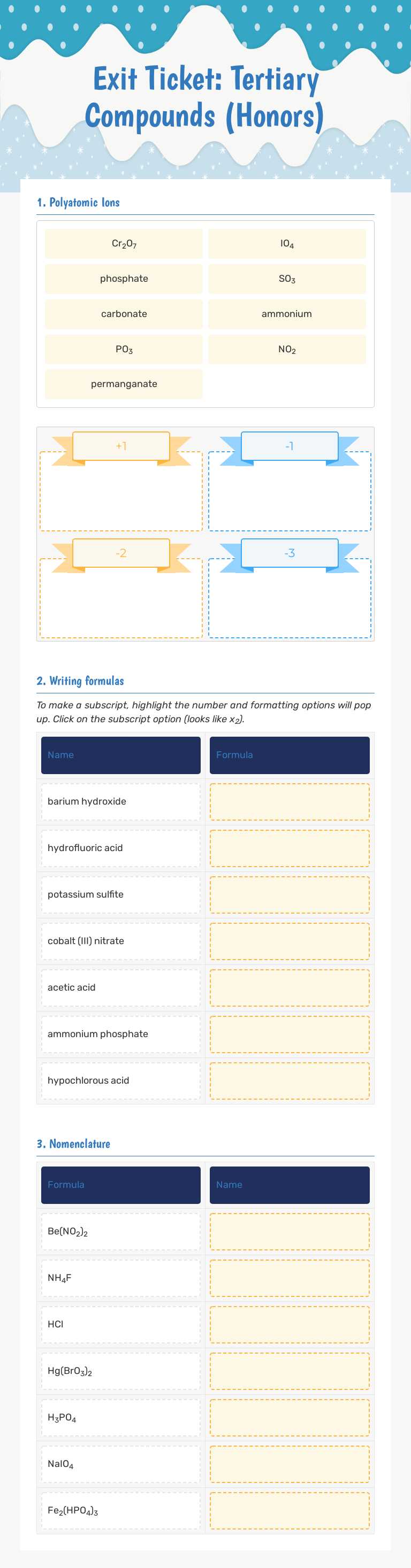 Exit Ticket: Tertiary Compounds (Honors) worksheet preview image