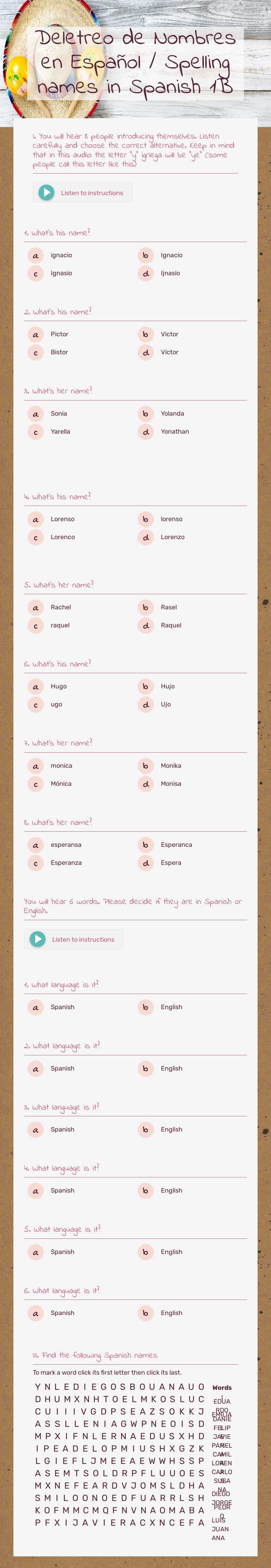 Deletreo de Nombres en Español / Spelling names in Spanish 1 worksheet preview