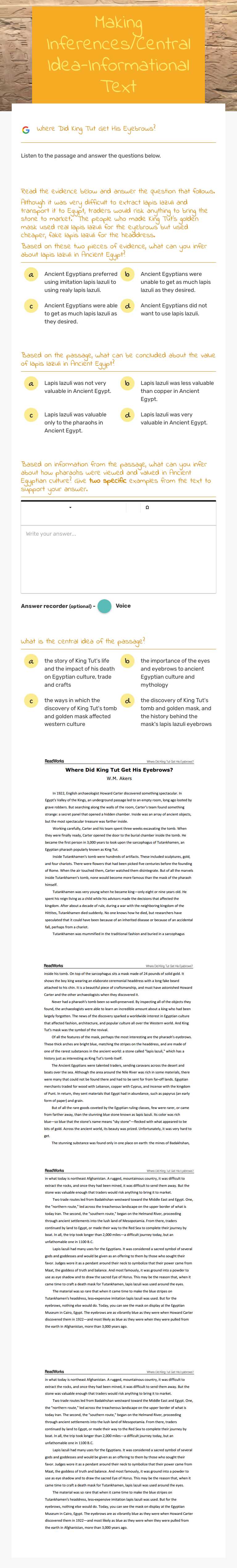 Making Inferences/Central Idea-Informational Text worksheet preview image
