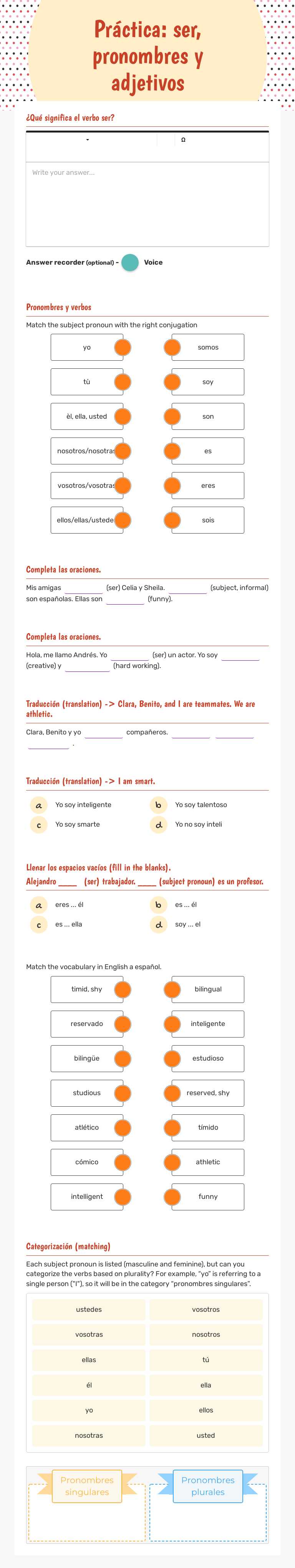 Práctica:
ser, pronombres y  adjetivos Other worksheet preview