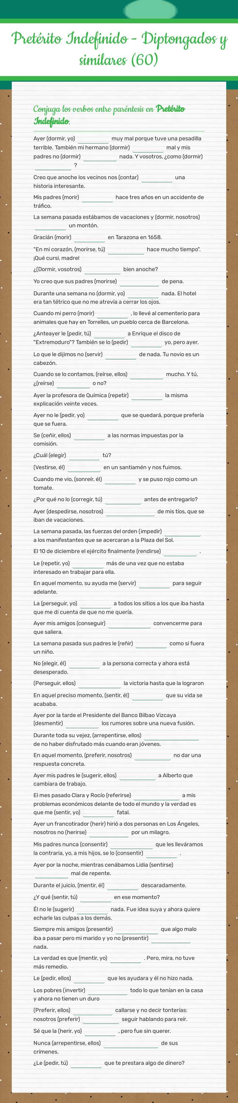 Pretérito Indefinido - 
Diptongados y similares (60) worksheet preview image