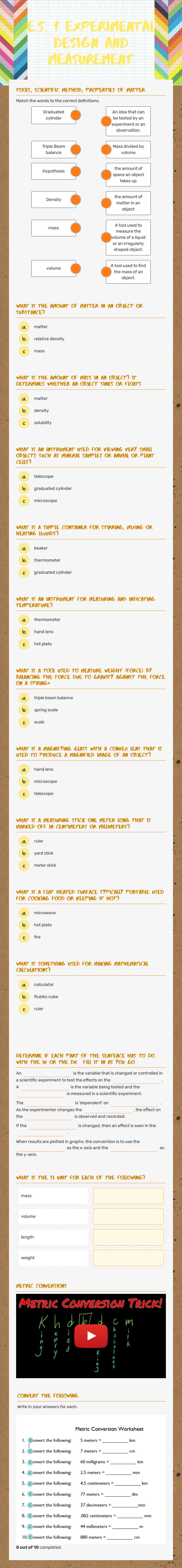 E.S. 1 Experimental Design and Measurement worksheet preview image