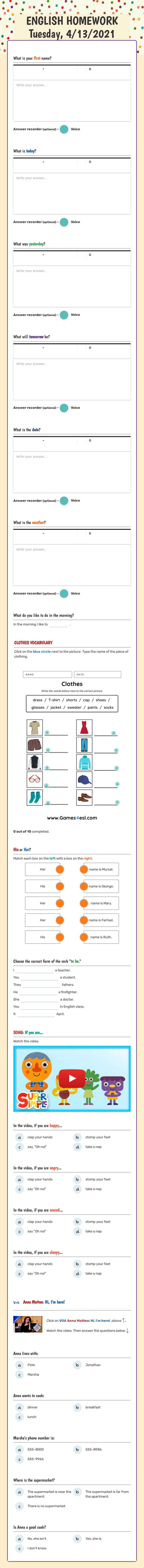 ENGLISH HOMEWORK Tuesday, 4/13/2021 worksheet preview image