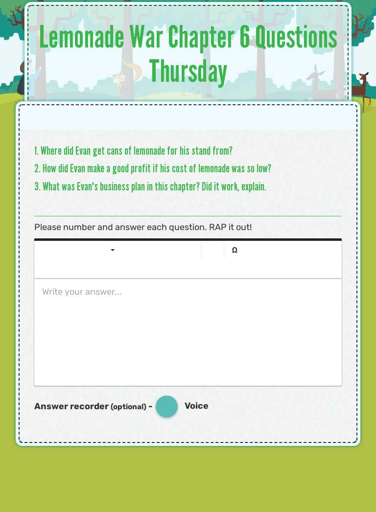 Lemonade War 
                    Chapter 6 Questions                      
 Thursday worksheet preview image