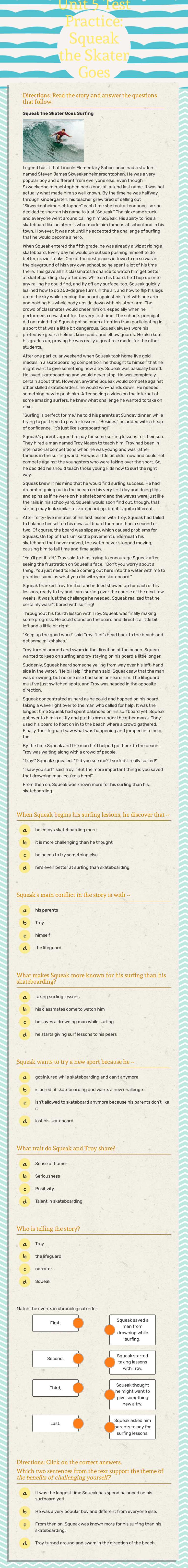 Unit 5 Test Practice: Squeak the Skater Goes Surfing worksheet preview image