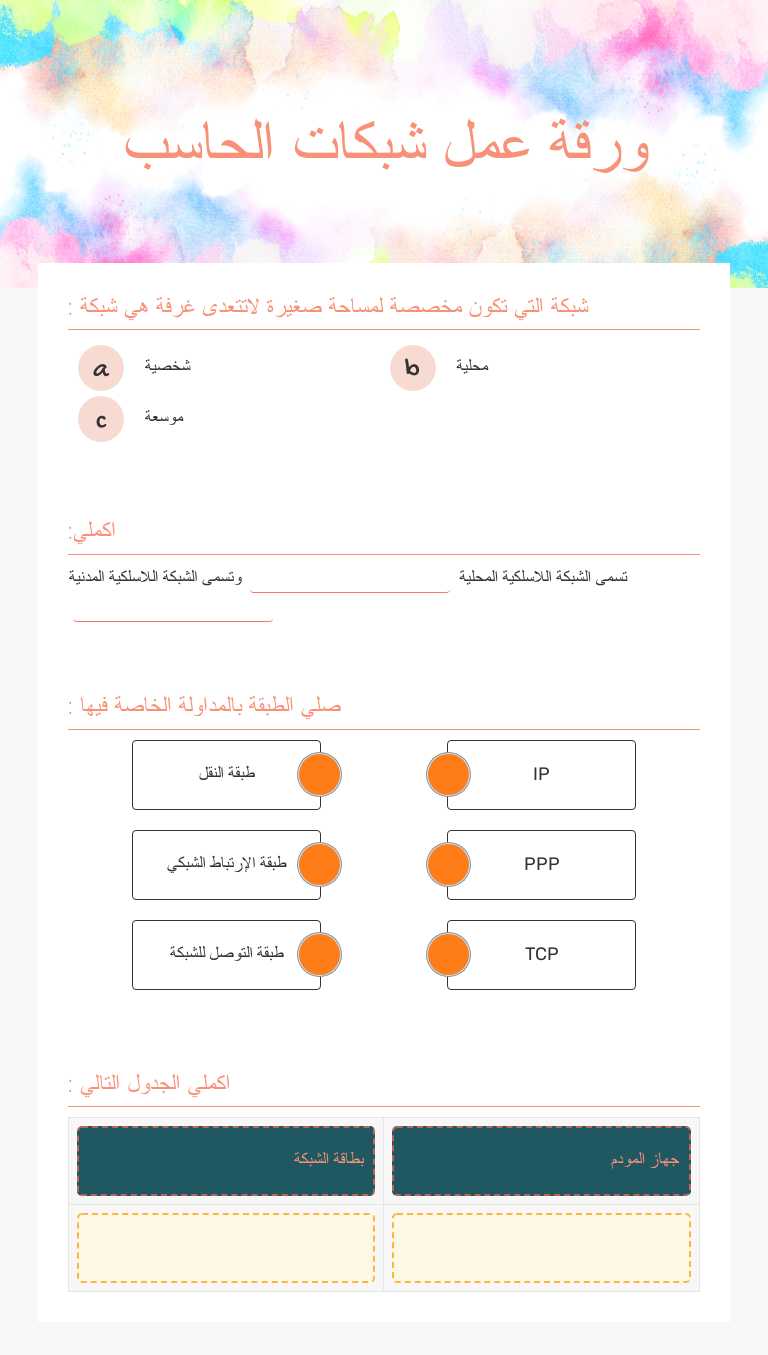 ورقة عمل شبكات الحاسب worksheet preview image