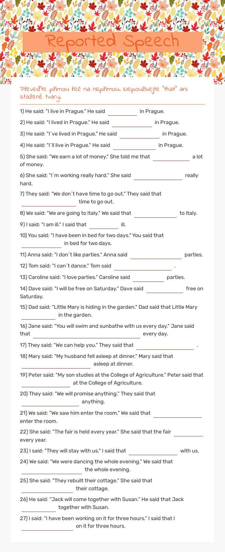 Reported Speech Grade 8 worksheet preview