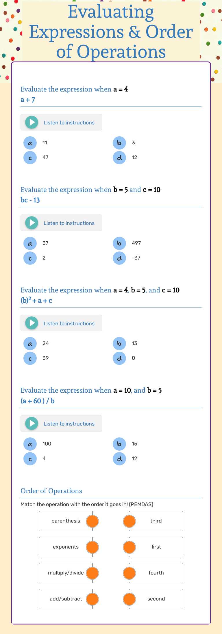 Evaluating Expressions & Order of Operations Practice Grade 7 worksheet preview