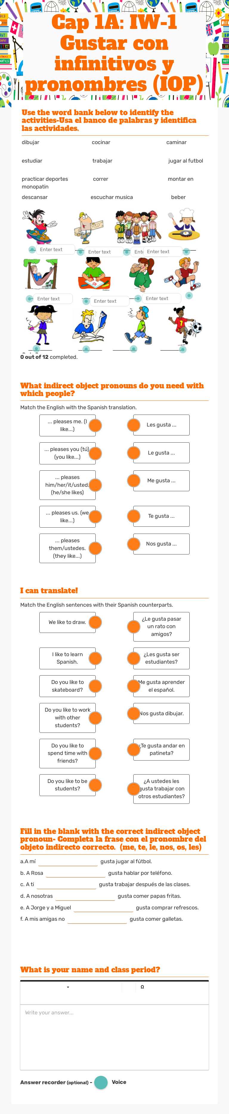 Cap 1A: IW-1 Gustar con infinitivos y pronombres (IOP) worksheet preview image