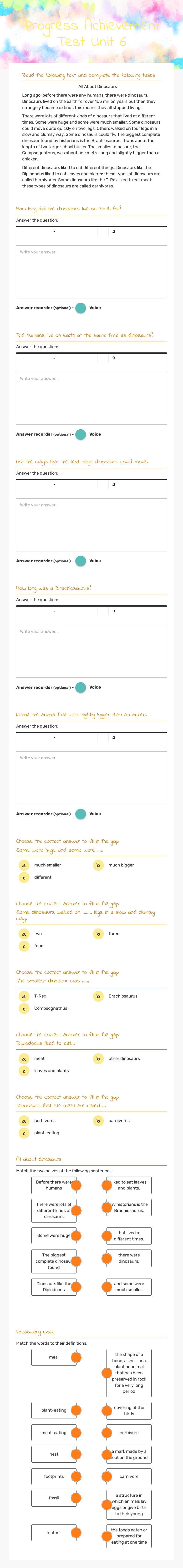 Progress Achievement Test Unit 6 worksheet preview image