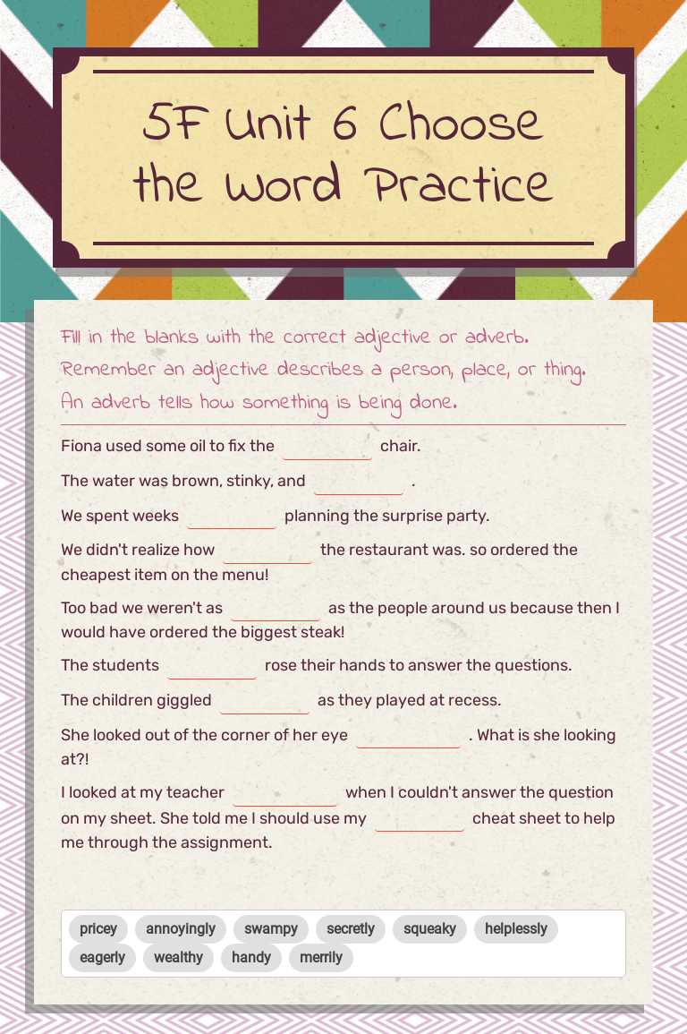 5F Unit 6 Choose the Word Practice Grade 5 worksheet preview