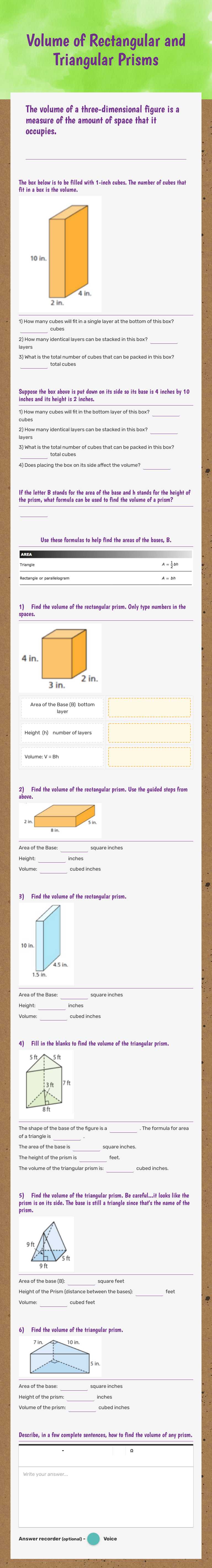 Volume of Rectangular and Triangular Prisms worksheet preview image