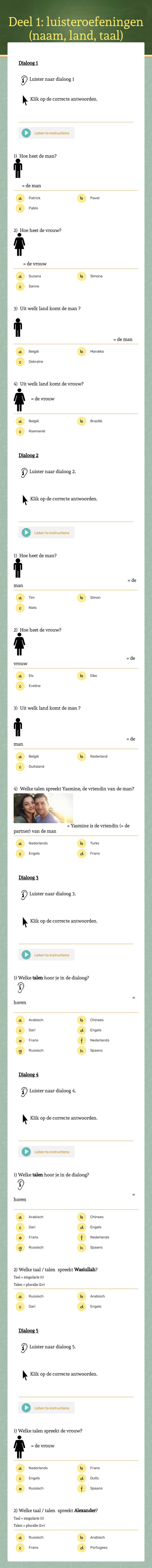 Deel 1: luisteroefeningen (naam, land, taal) Grade 1 worksheet preview