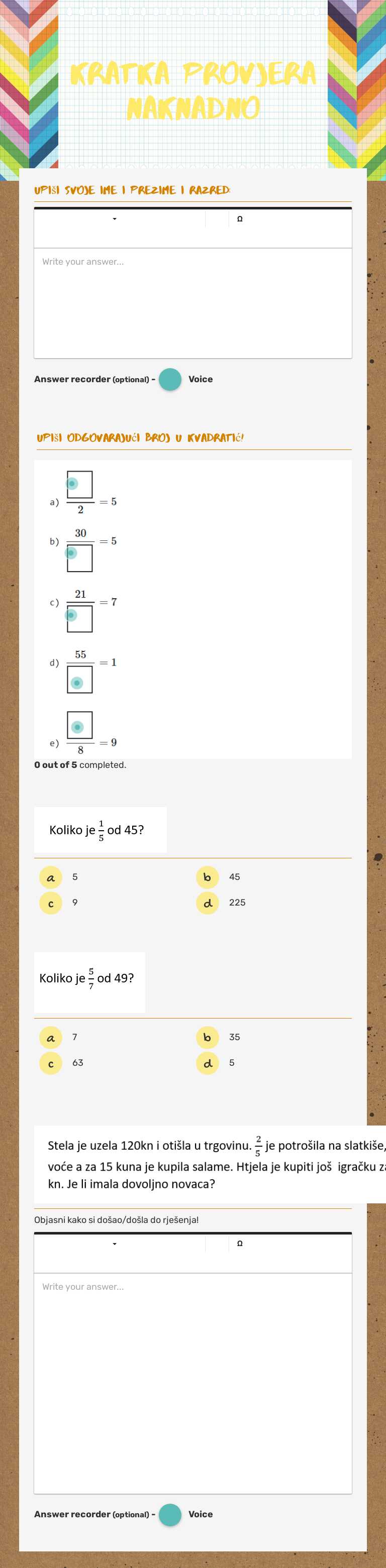 Kratka provjera naknadno worksheet preview image
