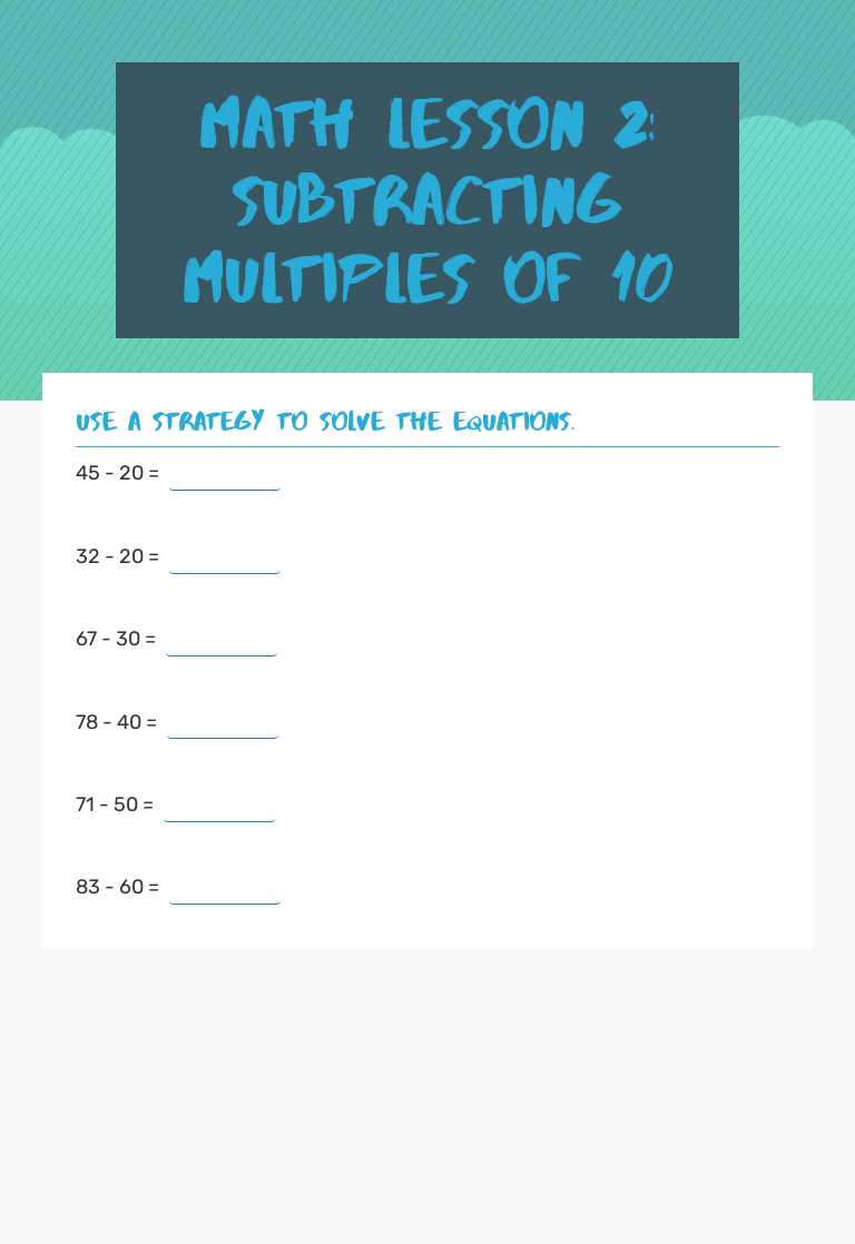 Math Lesson 2: Subtracting Multiples of 10 worksheet preview image