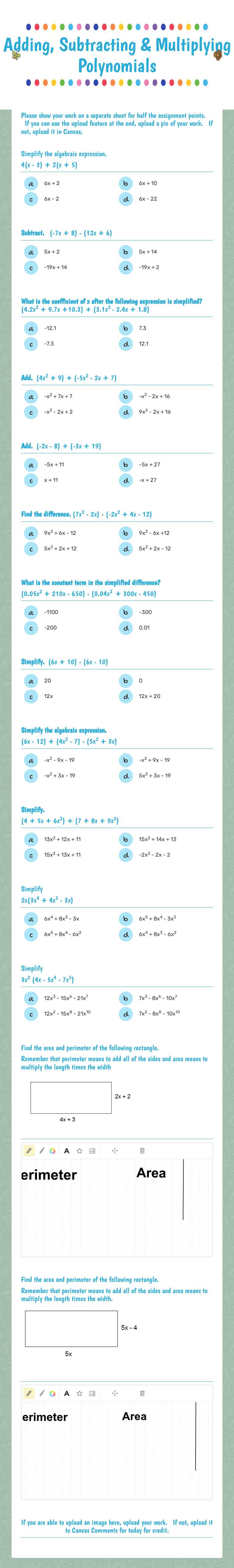 Adding, Subtracting &      Multiplying Polynomials worksheet preview image