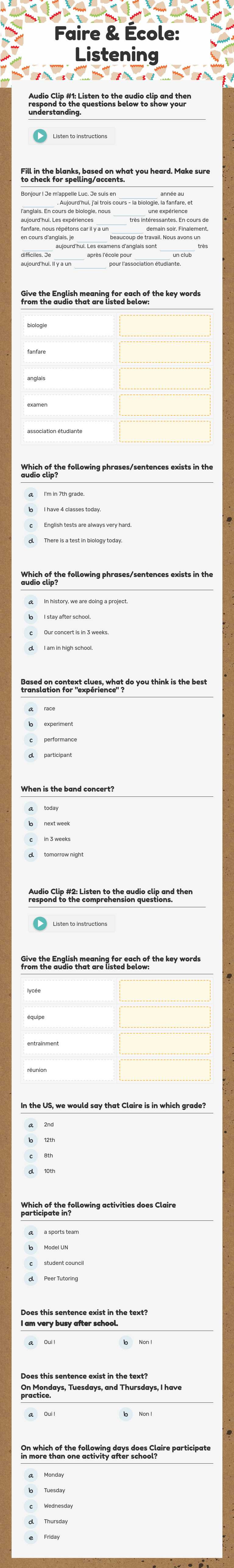 Faire & École: Listening Grade 7 worksheet preview