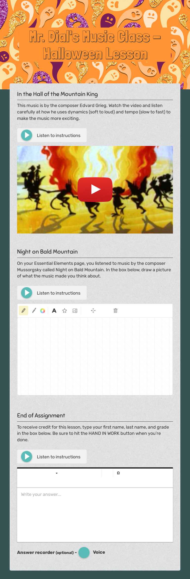 Mr. Dial's Music Class - Halloween Lesson Grade 1 worksheet preview