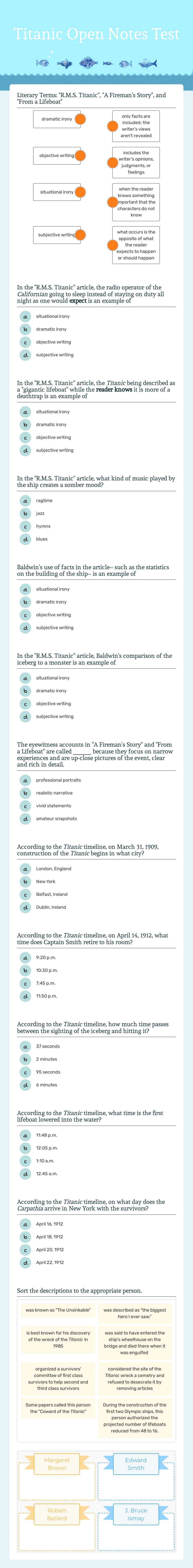 Titanic Open Notes Test Grade 10 worksheet preview