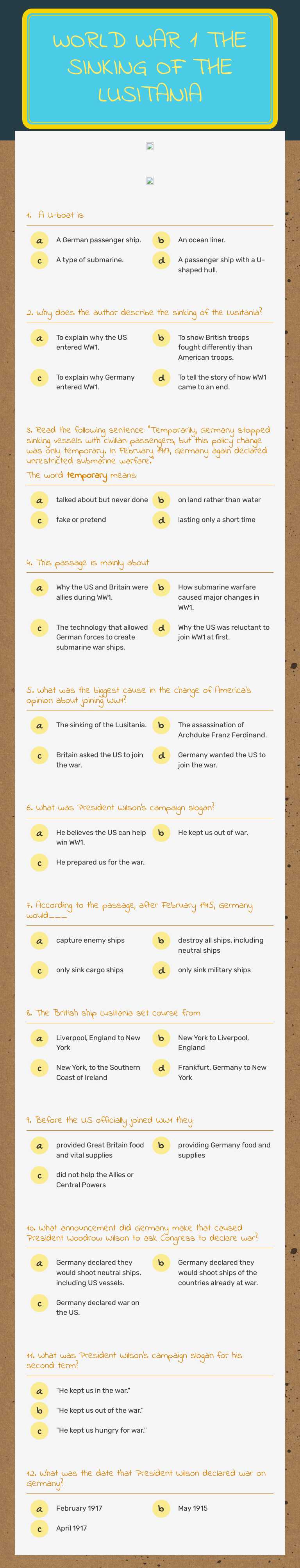 World War 1
The Sinking of the Lusitania Grade 5 worksheet preview