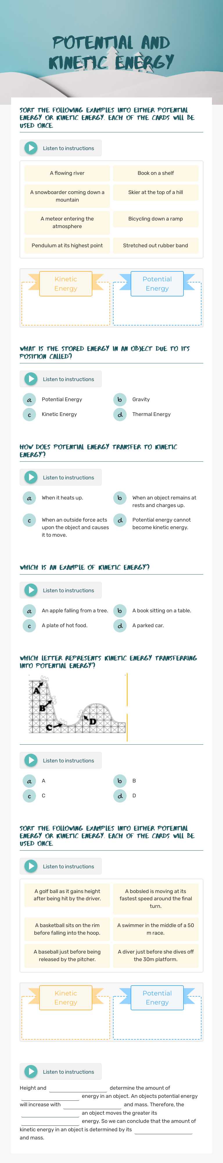 Potential and Kinetic Energy Grade 6 worksheet preview