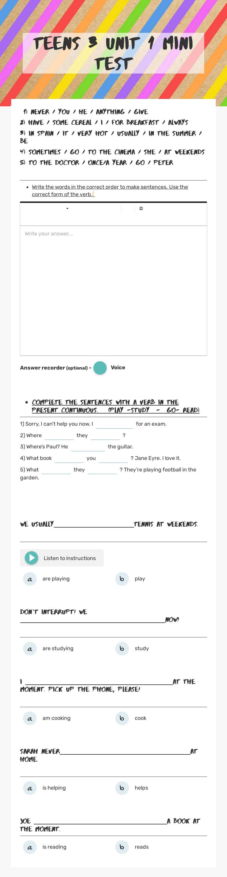 Teens 3  unit 1      mini test worksheet preview image
