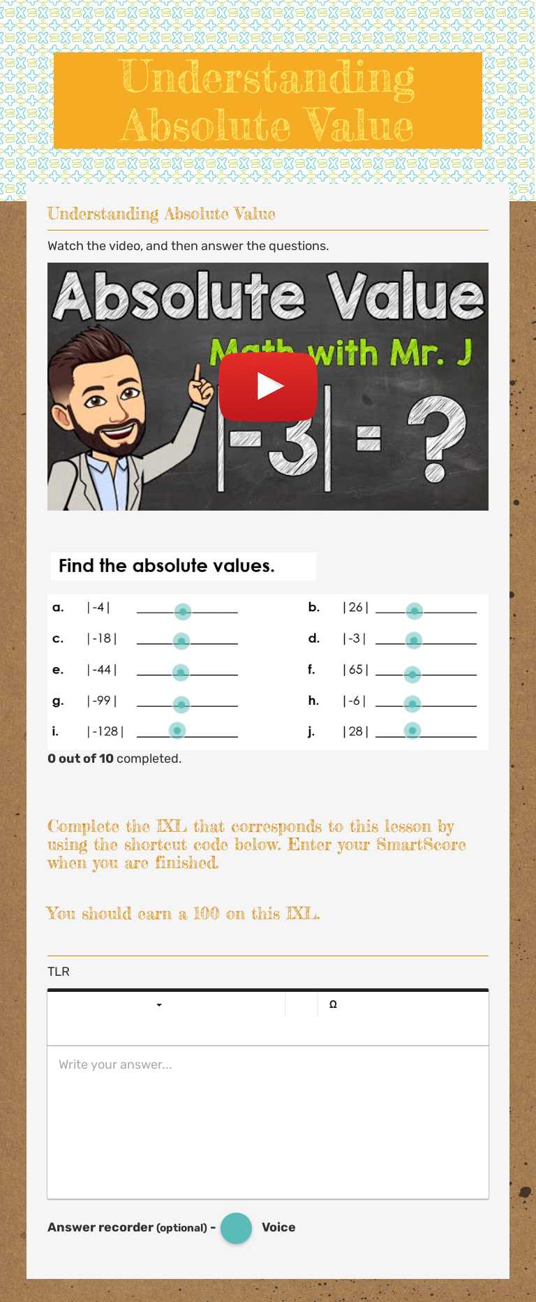 Understanding 
Absolute Value worksheet preview image