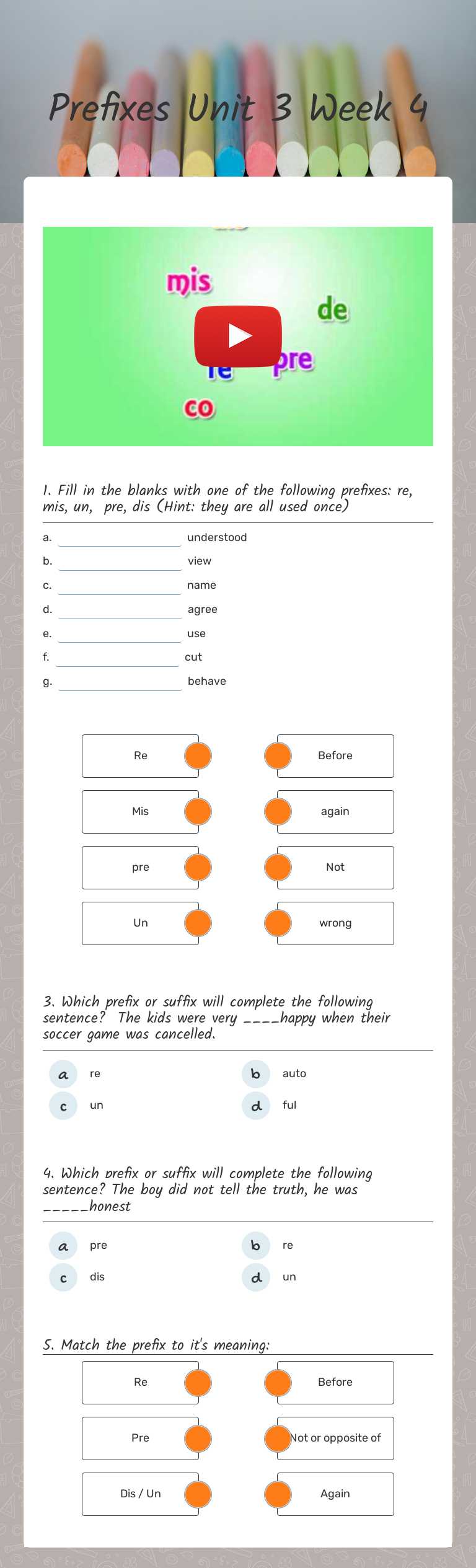 Prefixes Unit 3 Week 4 worksheet preview image