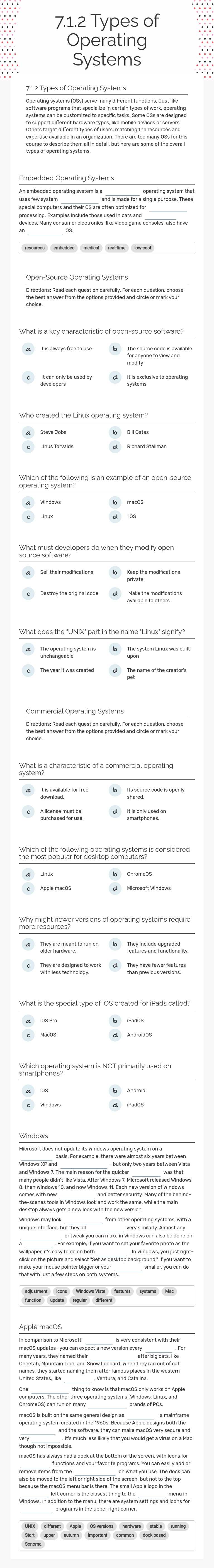 7.1.2 Types of Operating Systems worksheet preview image