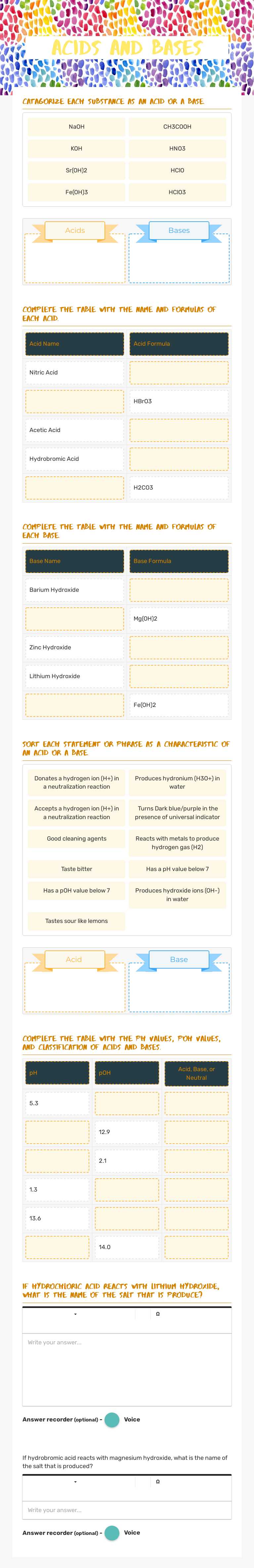Acids and bases worksheet preview image