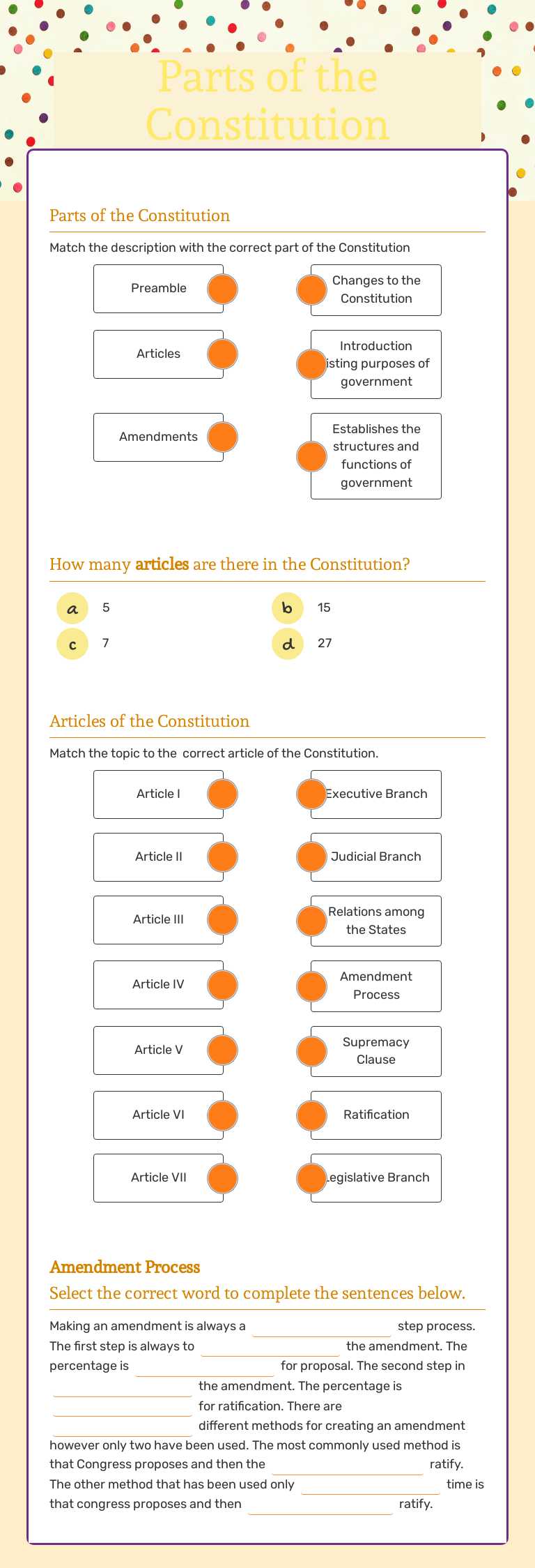 Parts of the Constitution worksheet preview image