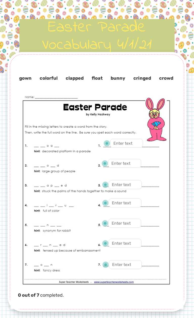 Easter Parade Vocabulary 4/1/21 worksheet preview image