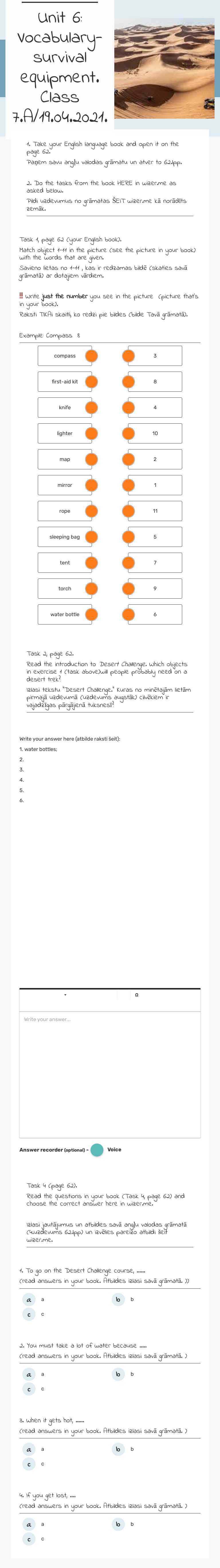 Unit 6: Vocabulary- survival equipment. Class 7.A/19.04.2021. worksheet preview image