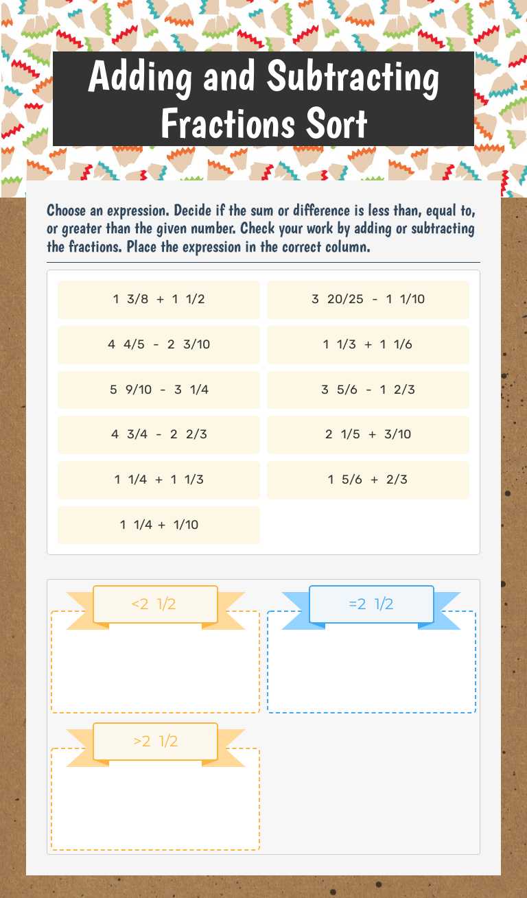 Adding and Subtracting Fractions Sort Grade 5 worksheet preview