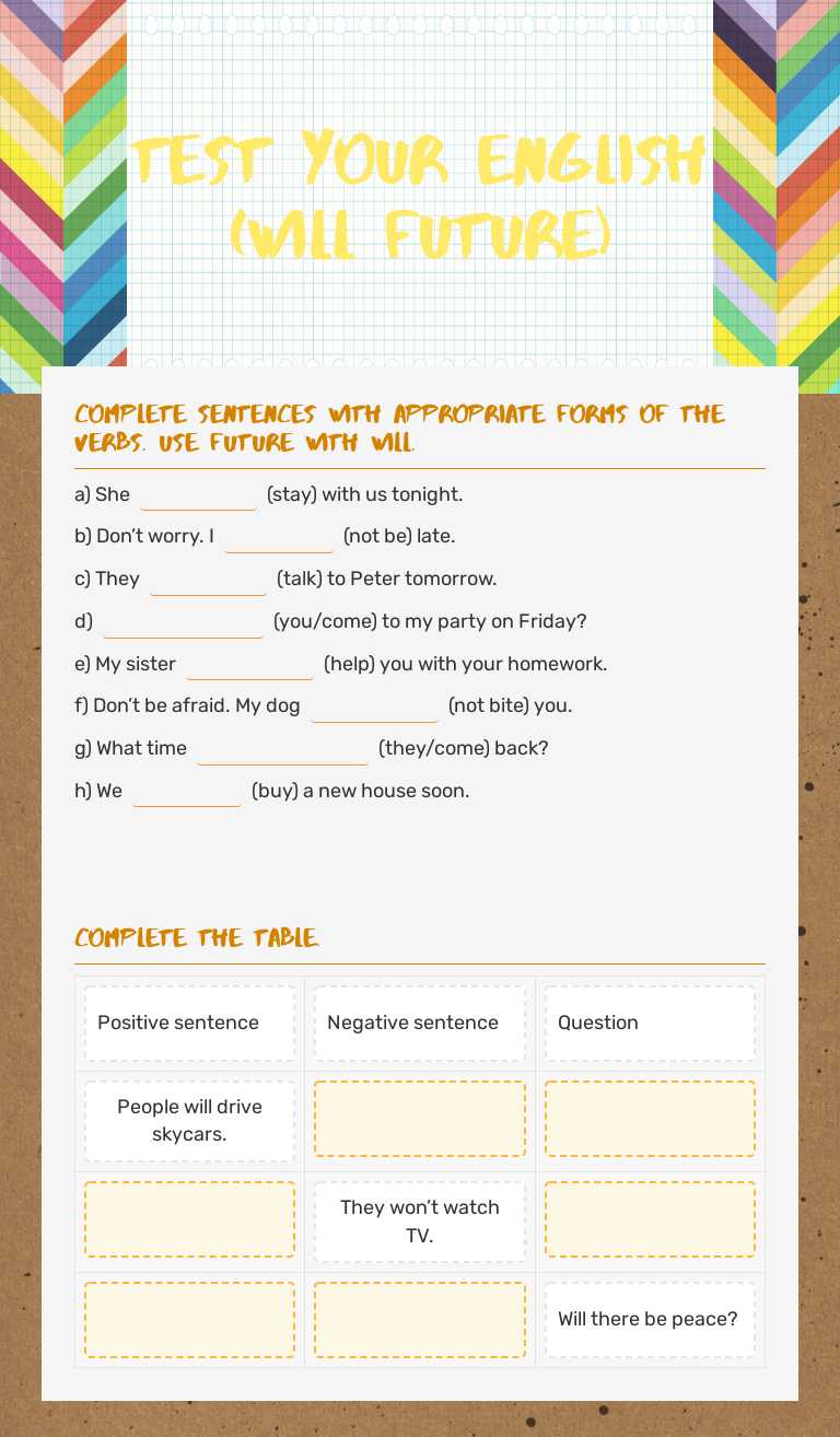 test your English  (will future) worksheet preview image
