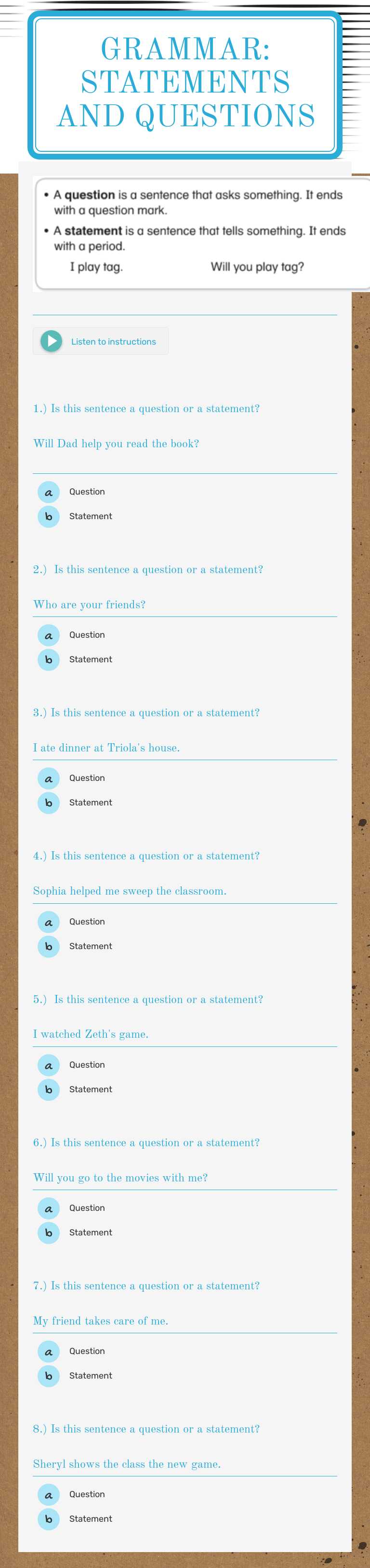 Grammar: Statements and Questions worksheet preview image