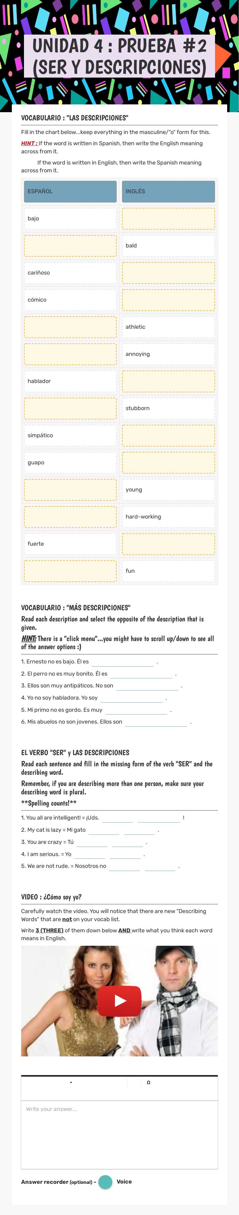 UNIDAD 4 : PRUEBA #2   (SER Y DESCRIPCIONES) worksheet preview image
