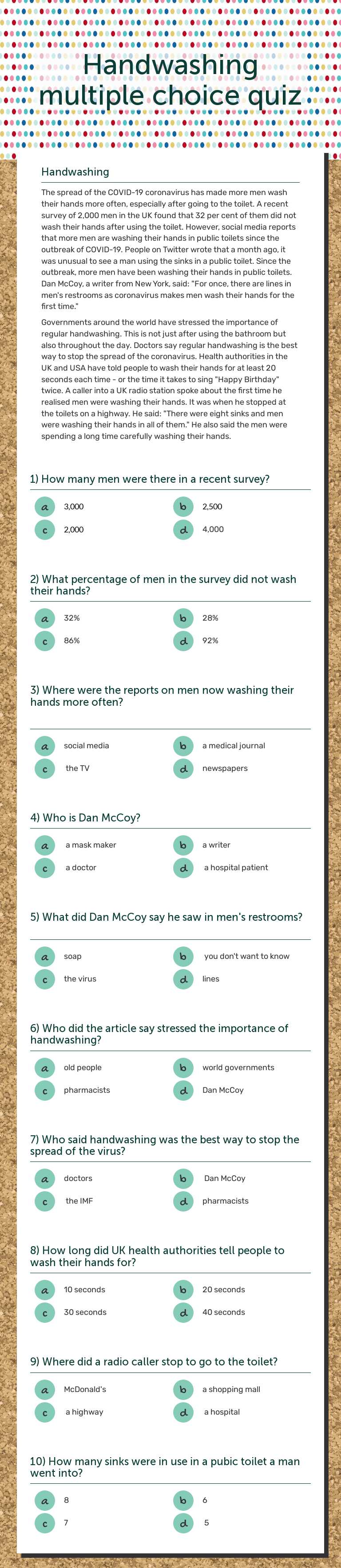 Handwashing           multiple choice quiz worksheet preview image