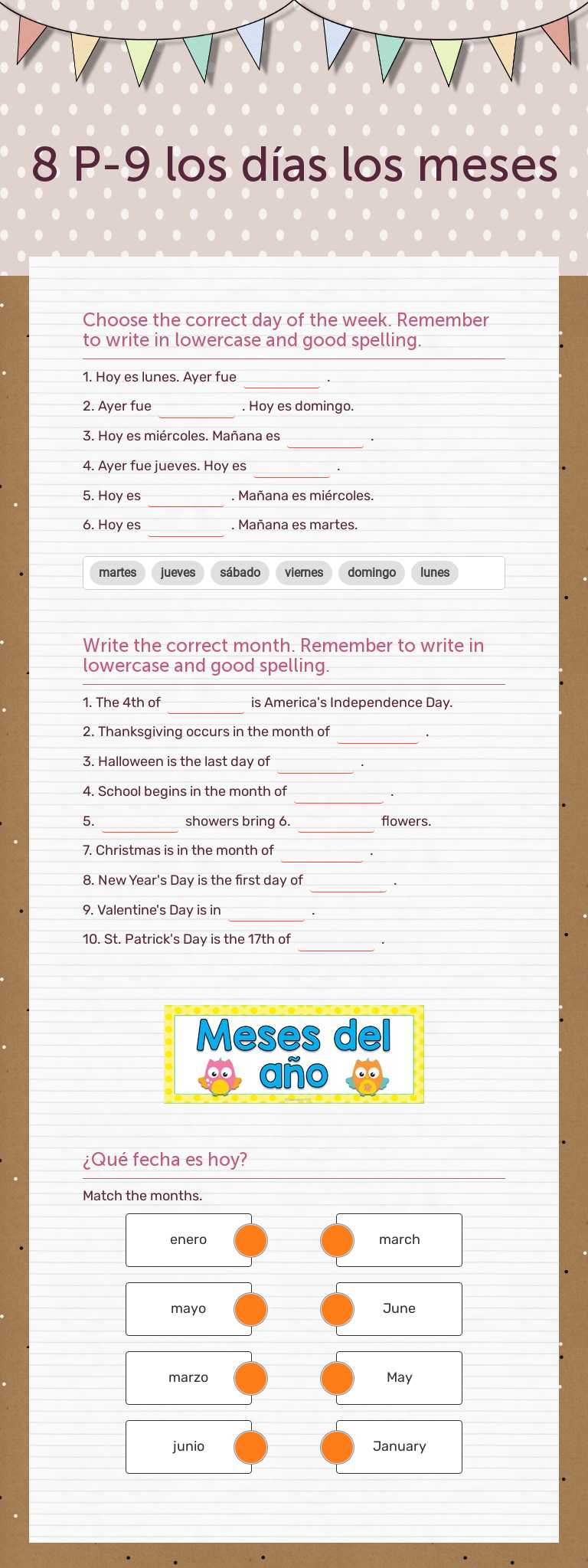 8 P-9 los días  los meses worksheet preview image