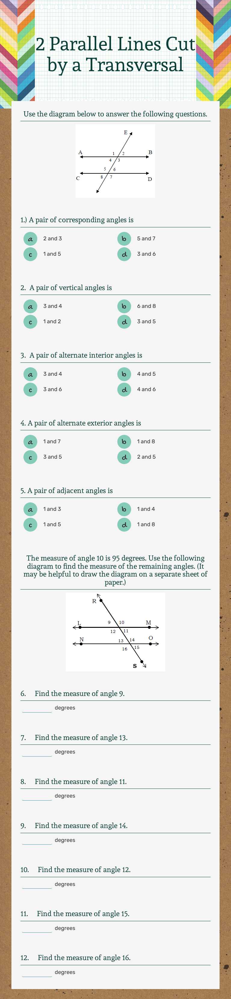 2 Parallel Lines Cut by a Transversal Grade 10 worksheet preview