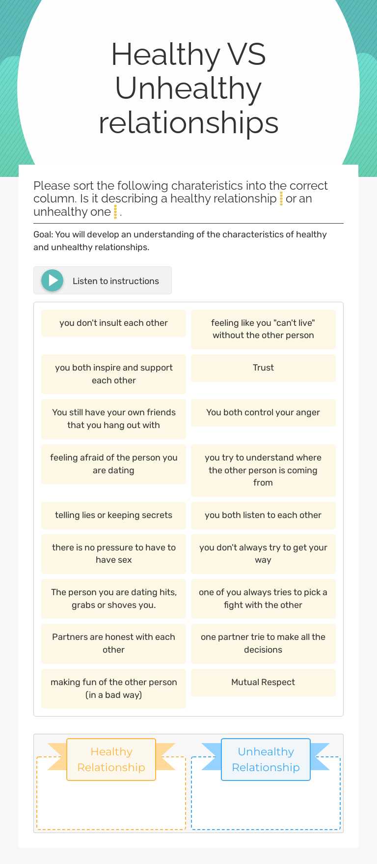 Healthy VS Unhealthy relationships worksheet preview image