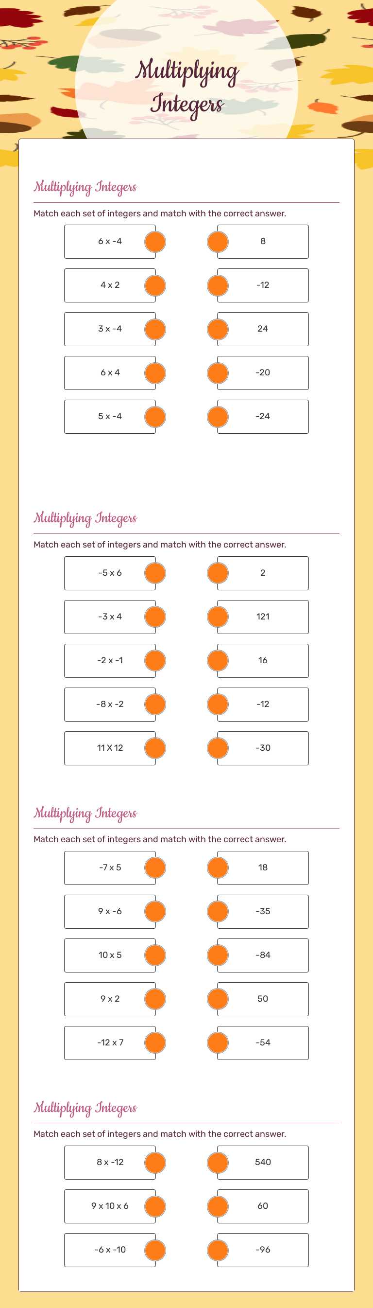 Multiplying Integers Grade 6 worksheet preview