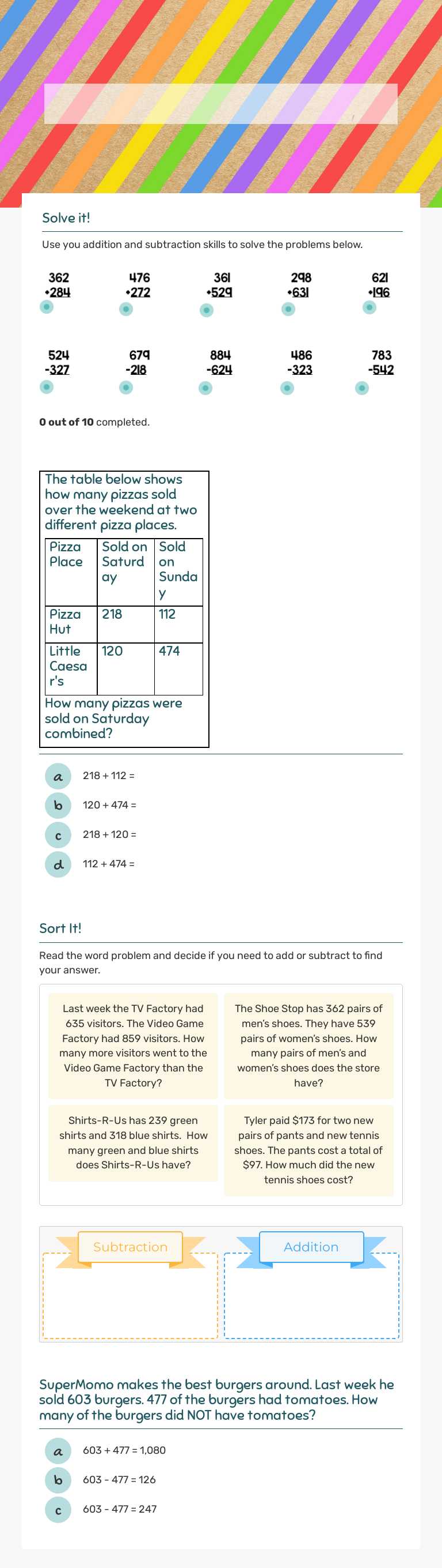 Thursday/ October 01/ 3 Digit Problem Solving worksheet preview image