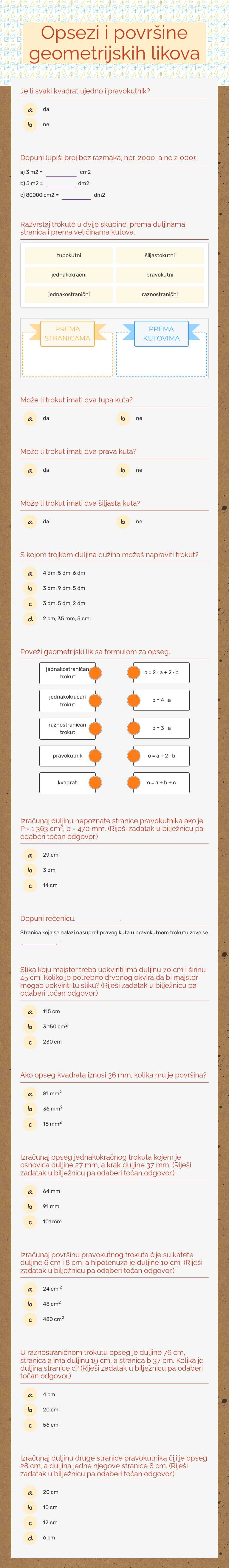 Opsezi i površine geometrijskih likova worksheet preview image