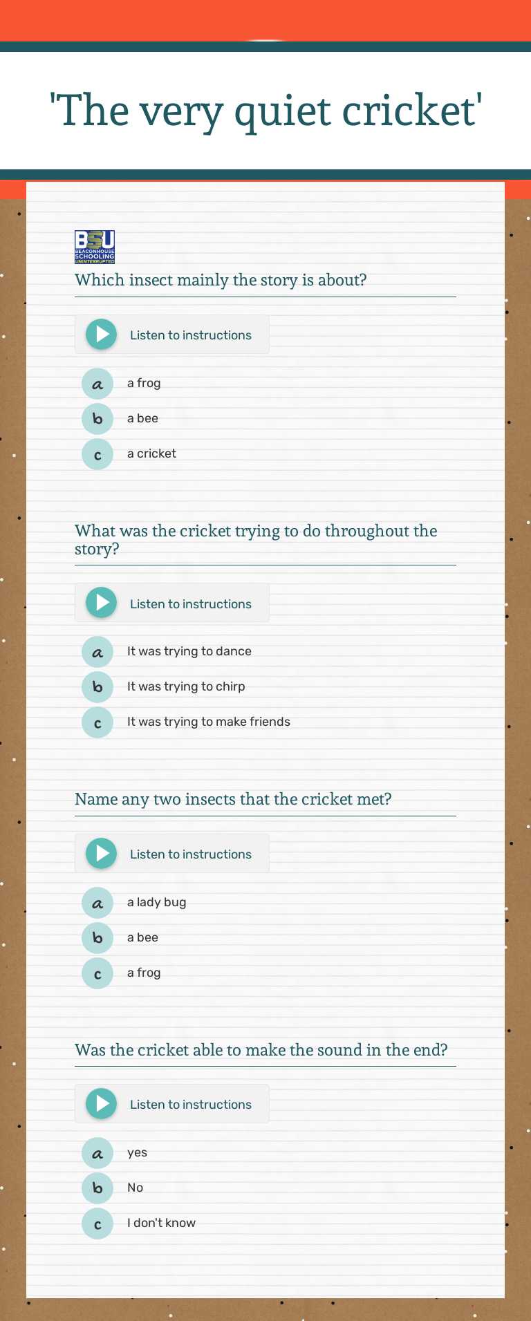 'The very quiet cricket' Preschool worksheet preview