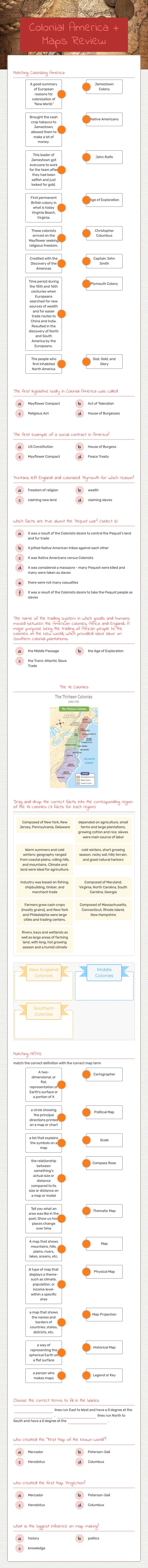 Colonial America + Maps Review Grade 9 worksheet preview