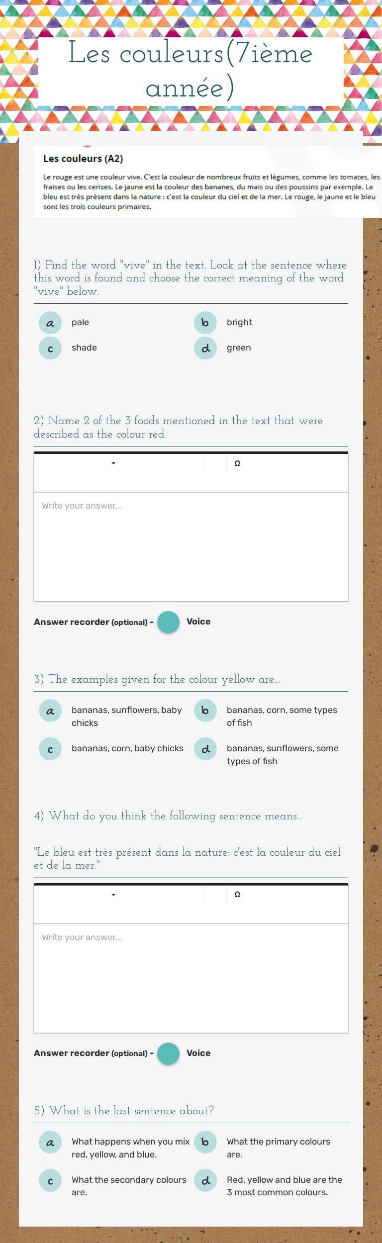 Les couleurs(7ième année) worksheet preview image