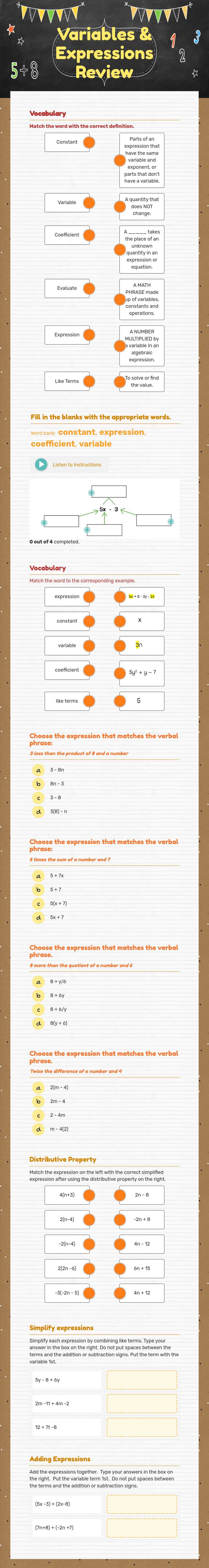 Variables & Expressions Review worksheet preview image
