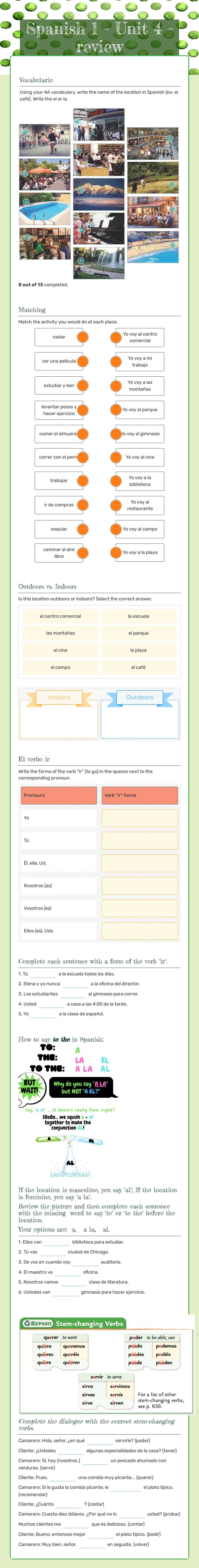 Spanish 1 - Unit 4 -  review worksheet preview image