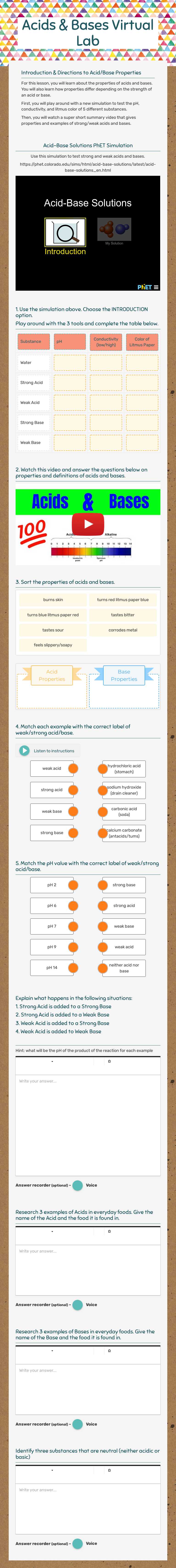 Acids & Bases Virtual Lab worksheet preview image